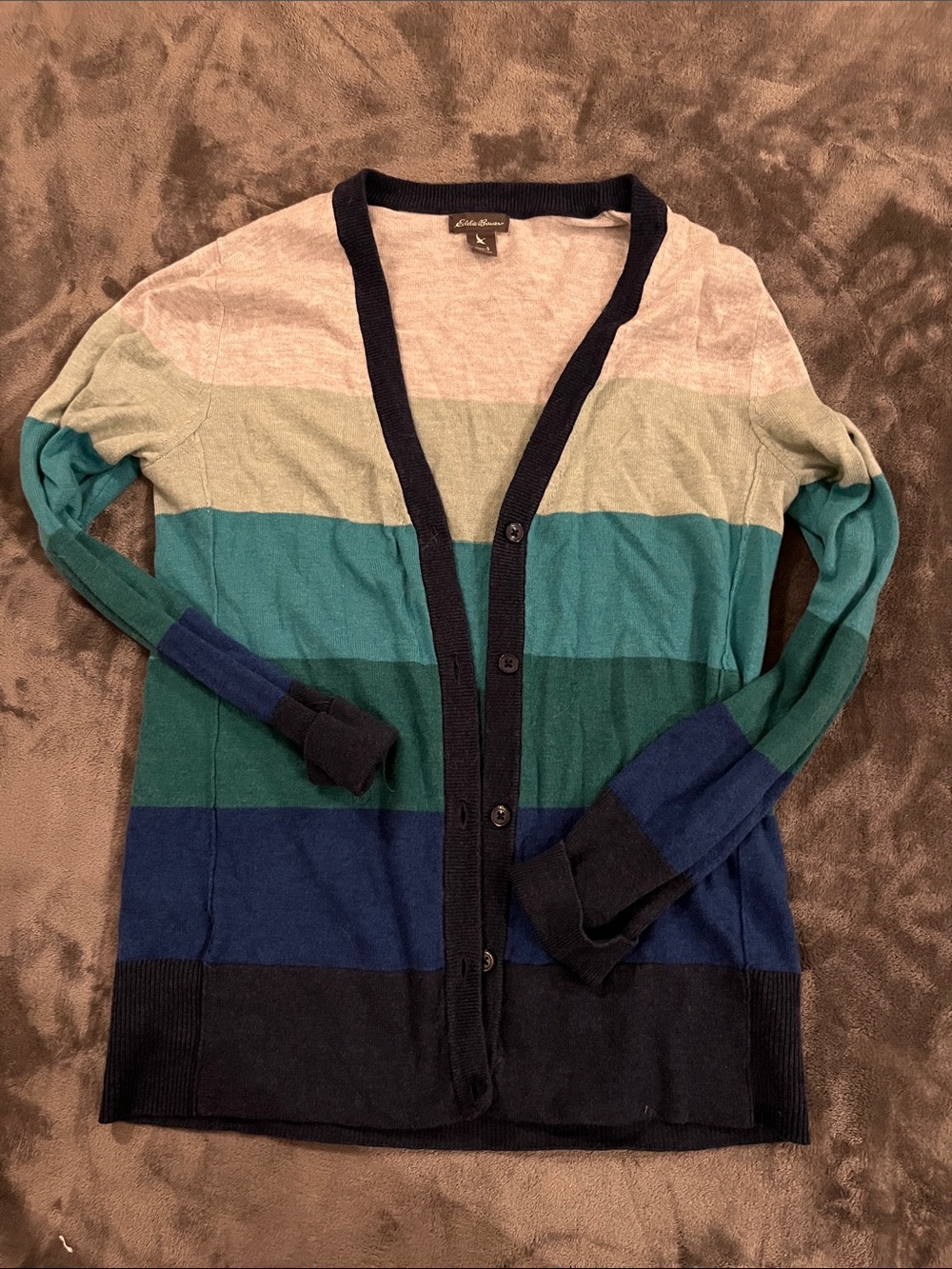 Eddie Bauer Striped V-Neck Button Cardigan - Teal, Navy, Gray, Cream